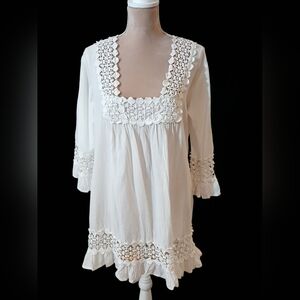 Cute Options Square Neck Lacey White Romantic Tunic Cotton Shirt Womans Medium